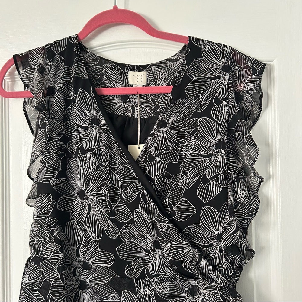 A New Day Black & White Floral Faux Wrap Ruffle Dress – Size S
